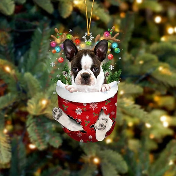 Boston Terrier In Snow Pocket Christmas Ornament