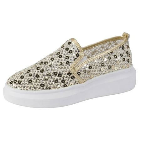 YOLAI Fashion Summer And Autumn Women Casual Shoes Mesh Breathable And Comfortable Thick Soled Sequins Yellow 40