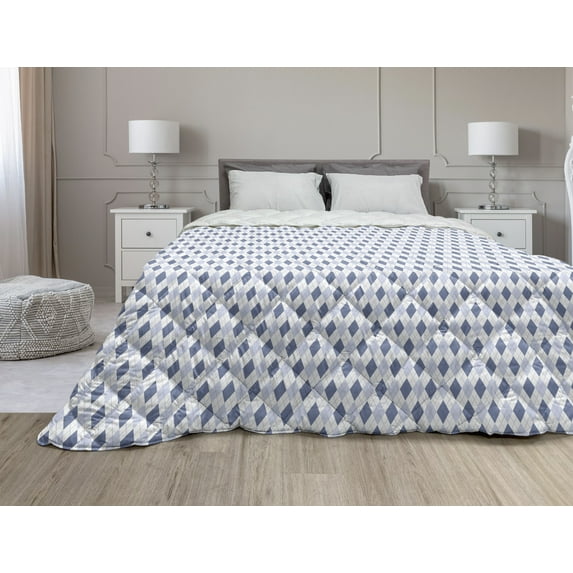 Plaid Down Alternative Comforter, Repetitive Traditional Lines Squares Tiles on Plain Background Illustration, Microfiber Quilt for All Season, 5 Sizes, White and Blue Grey, by Ambesonne