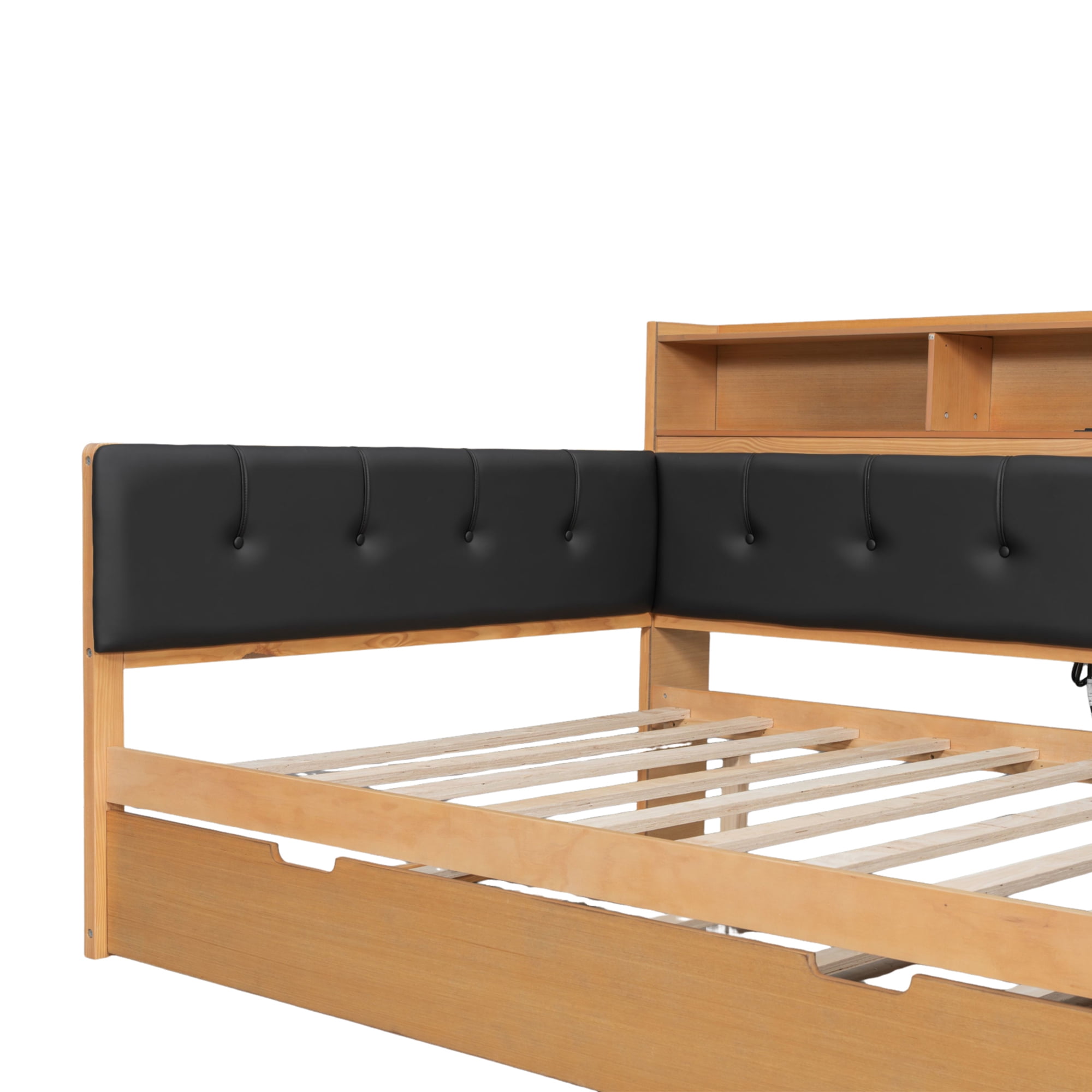 Euroco Wood Full Size Daybed with Trundle and Drawers, Storage Bed with Upholstery  Bench and Headboard, Charging Station and Shelves, Natural