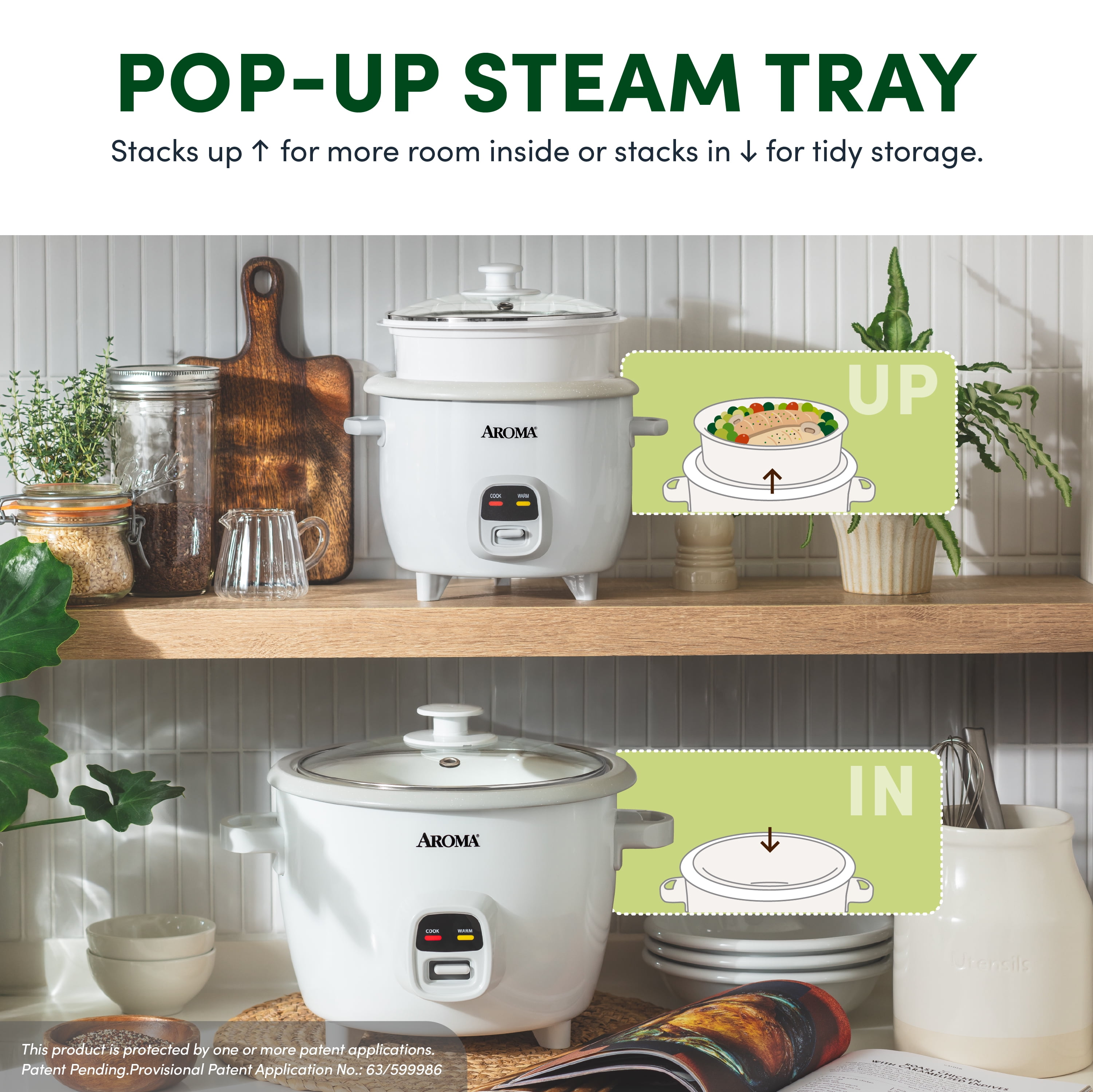 AROMA® 6-Cup Rice Cooker & Food Steamer with Bonded Granite® Nonstick Ceramic & Pop-Up Steam Tray - White