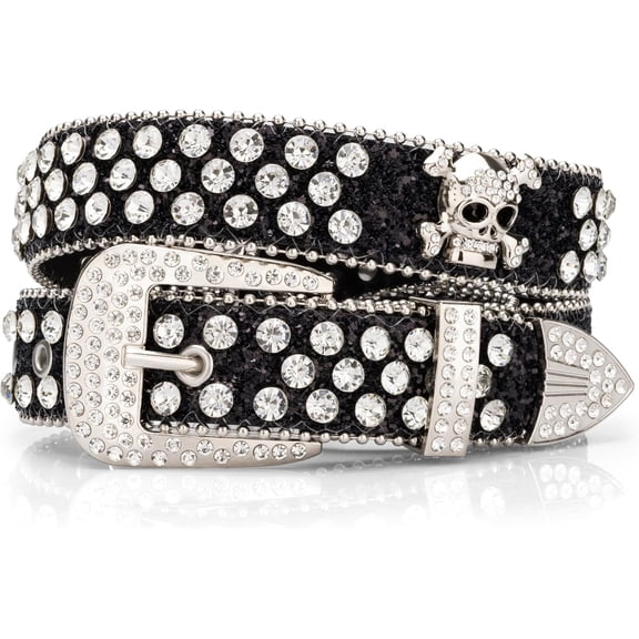Rhinestone Belts for Women Men, Bling Studded Leather Skull Belt Western Style