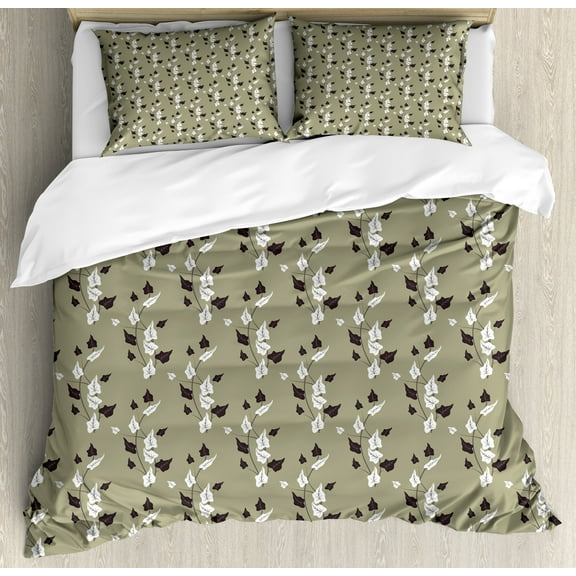 Floral Duvet Cover Set, Wildflowers Pattern Contrasting Colors Curvy Branches Natural Theme, Decorative 3 Piece Bedding Set with 2 Pillow Shams, King Size, Khaki White Dark Brown, by Ambesonne
