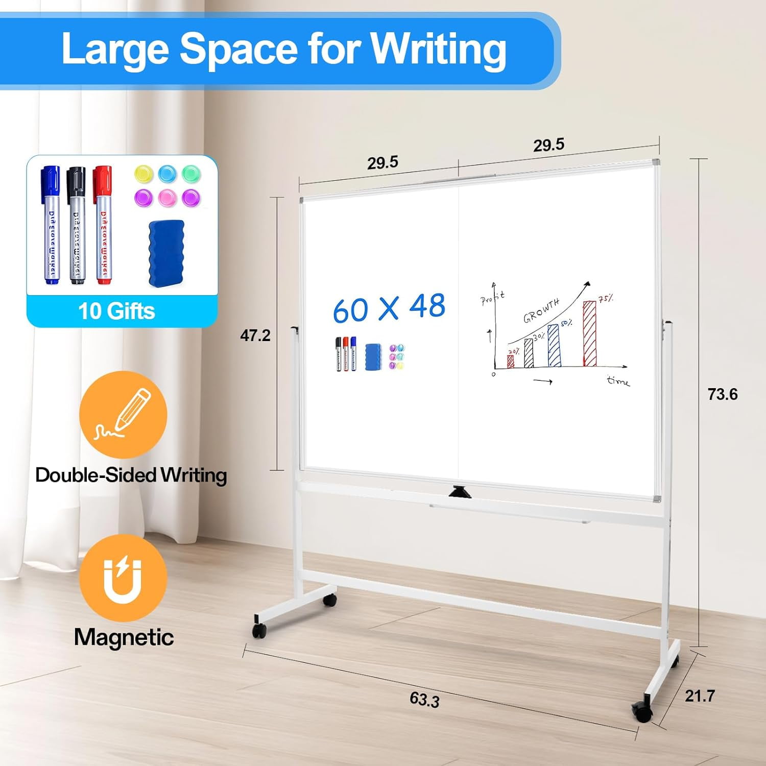 SHZOND 60 x 48 Double Sided Rolling Whiteboard, Rolling White Board,Magnetic Rolling Dry Erase Board Easel Standing Board on Wheels with Aluminium Frame for Office, Home ,Classroom