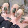 thumbnail image 2 of FCOGIN Medium Square, 24 Pieces, Green, Beige, Leaves, Acrylic False Nail, Press on Nail, 2 of 6