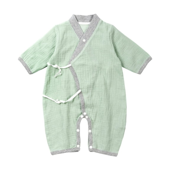AJTQTH Rompers for Baby Girls Boys Unisex Side Ties Cotton Linen Colorblocked Surplices Long-Sleeved Jumpsuit Full Length Bodysuit Solid Color Playsuit Summer Onesie Green 2 Years