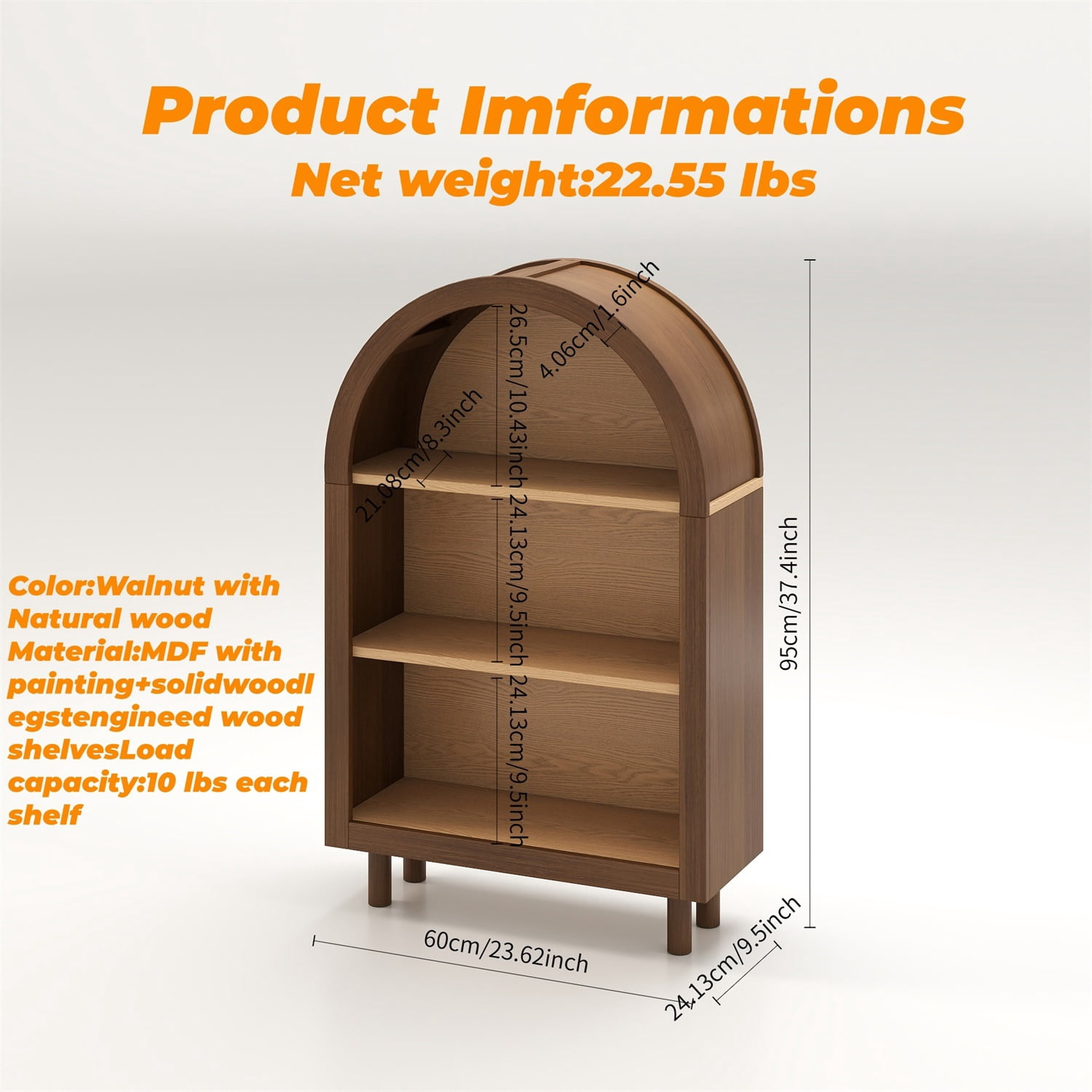Hommoo 3-Tier Shelves Arched Bookcase Storage Cabinet,Wooden Modern 37.4"H Arched Top Bookshelf for Living Room, Bedroom, Entryway, Walnut