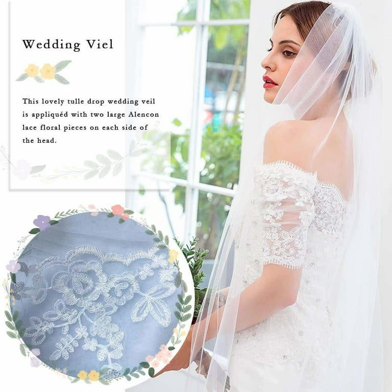 M91 Lace Edge Bridal Veil With Comb Off-White Long Wedding Veils