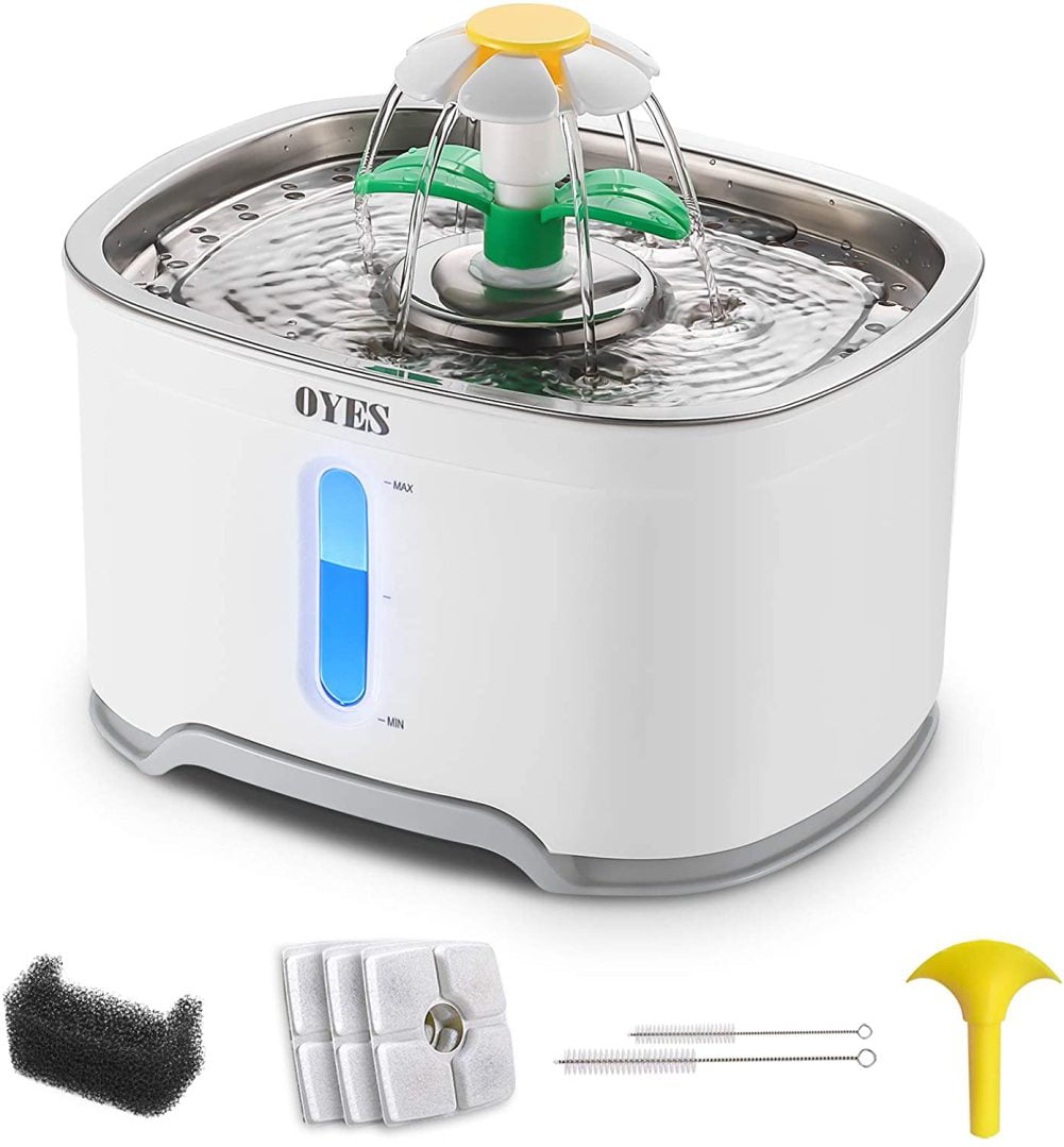 OYES Cat Water Fountain Stainless Steel 2.5L Automatic Pet Water Fountain Dispenser for Cats and Dogs with 3 Replacement Filters&2 Brushes 