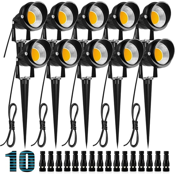 10W Low Voltage Landscape Lights LED Landscape Lighting with Connectors 12V Waterproof Outdoor Landscape Spotlights Floor Yard Lawn Best Garden Lights 1000LM Warm White (10Pack with Connector)