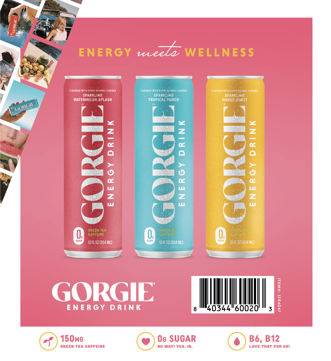 GORGIE Sparkling Energy Drink Variety Pack, 0 Sugar, Natural Caffeine from Green Tea, 12 fl oz (Pack of 12)