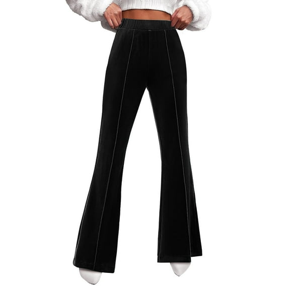 Kureaily Flare Velvet Pants For Women High Waisted Wide Leg Stretch Elastic Waist Pull On Trousers Front Seam Slacks Women Lightweight Pants