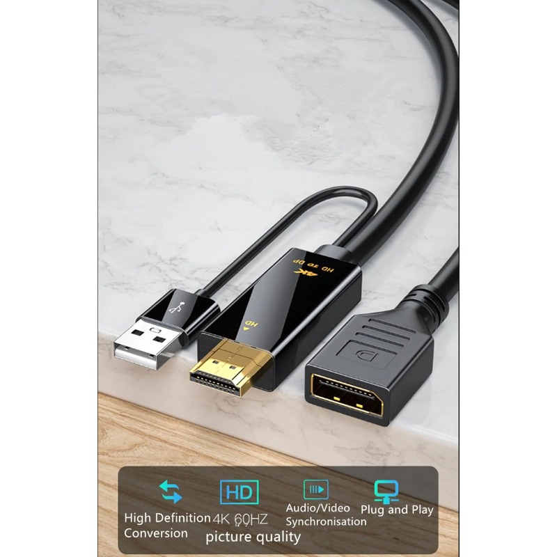 HD to DisplayPort Cable,4K@60Hz HDTV to DP 3840 * 2160,Audio-video Synchronisation,1.8M / 0.23M,Compatible with Computer, Set Top Box, Laptop, PS5/4, Projector, TV