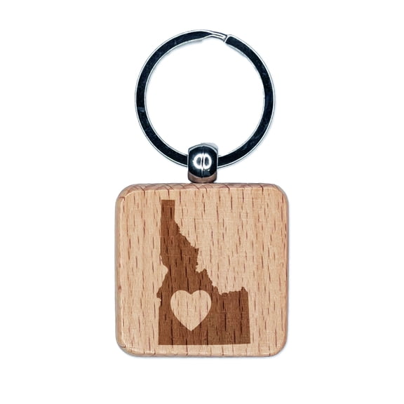 Idaho State with Heart Square Keychain Charm Tag - Engraved Wood