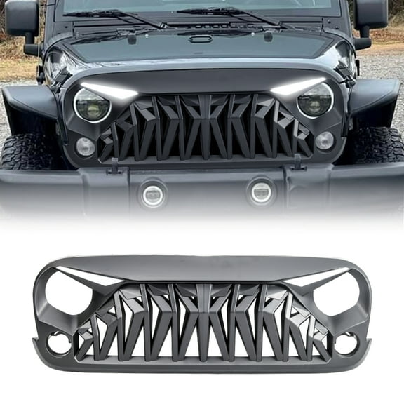 AMERICAN MODIFIED Front Shark Grille w/ LED Eyebrow DRL and Turn Signal Lights Matte Black For 2007-2018 Jeep Wrangler JK JKU