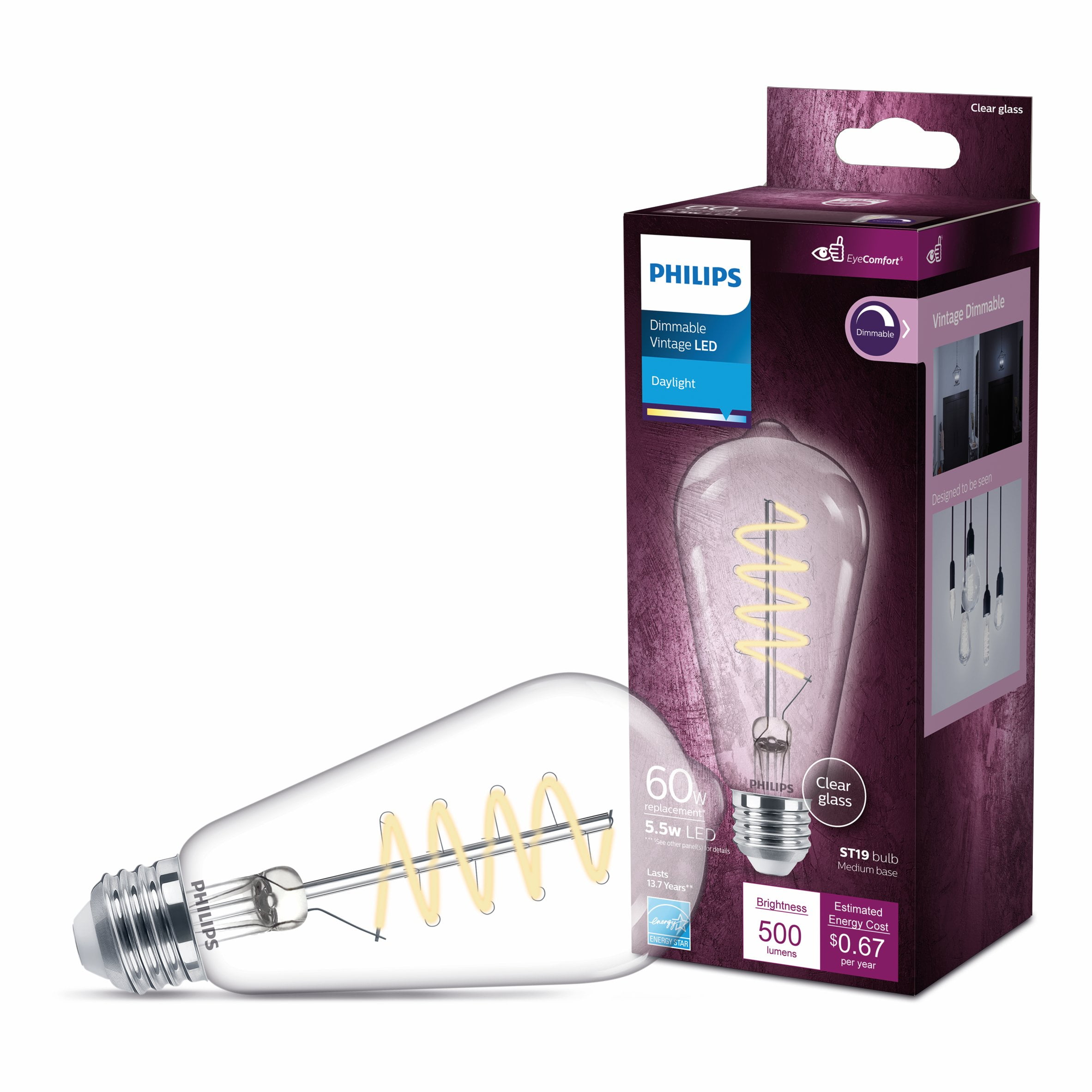 Philips LED 60-Watt ST19 Filament Straight Tubular Spiral Light Bulb, Clear Daylight, Dimmable, E26 Medium Base (1-Pack)