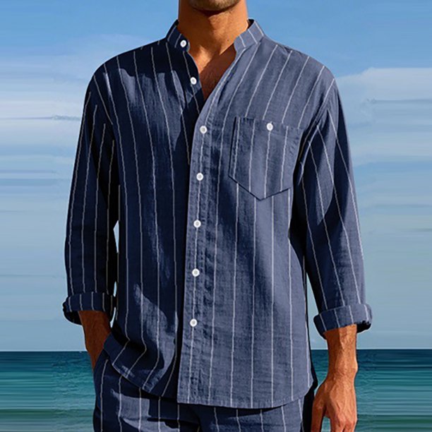 Blusa y camisa de manga larga con cuello alto para hombre, camisa transpirable con bolsillo y estampado a rayas de cuello alto de moda, de poliéster.