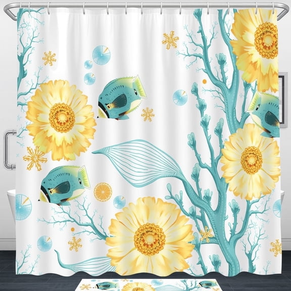 Whimsical Underwater Shower Curtain with Yellow Flowers & Blue Fish - Bright & Cheerful Bathroom Decor