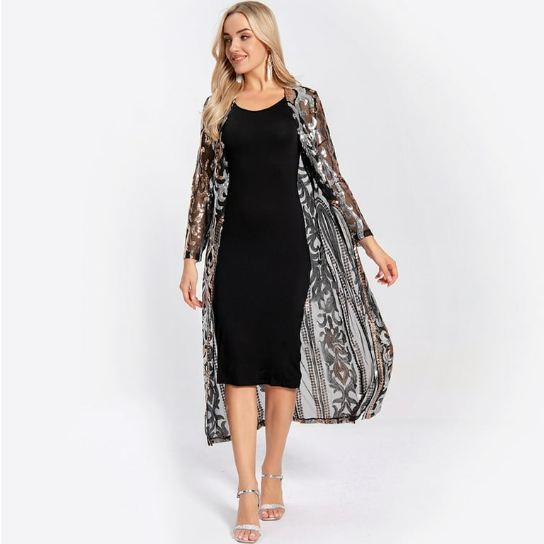 FYMNSI Women's Sequin Jacket Mesh Duster Cardigan Glitter Sparkle Long  Sleeve Open Front Coat Dresses for Evening Prom - Walmart.com