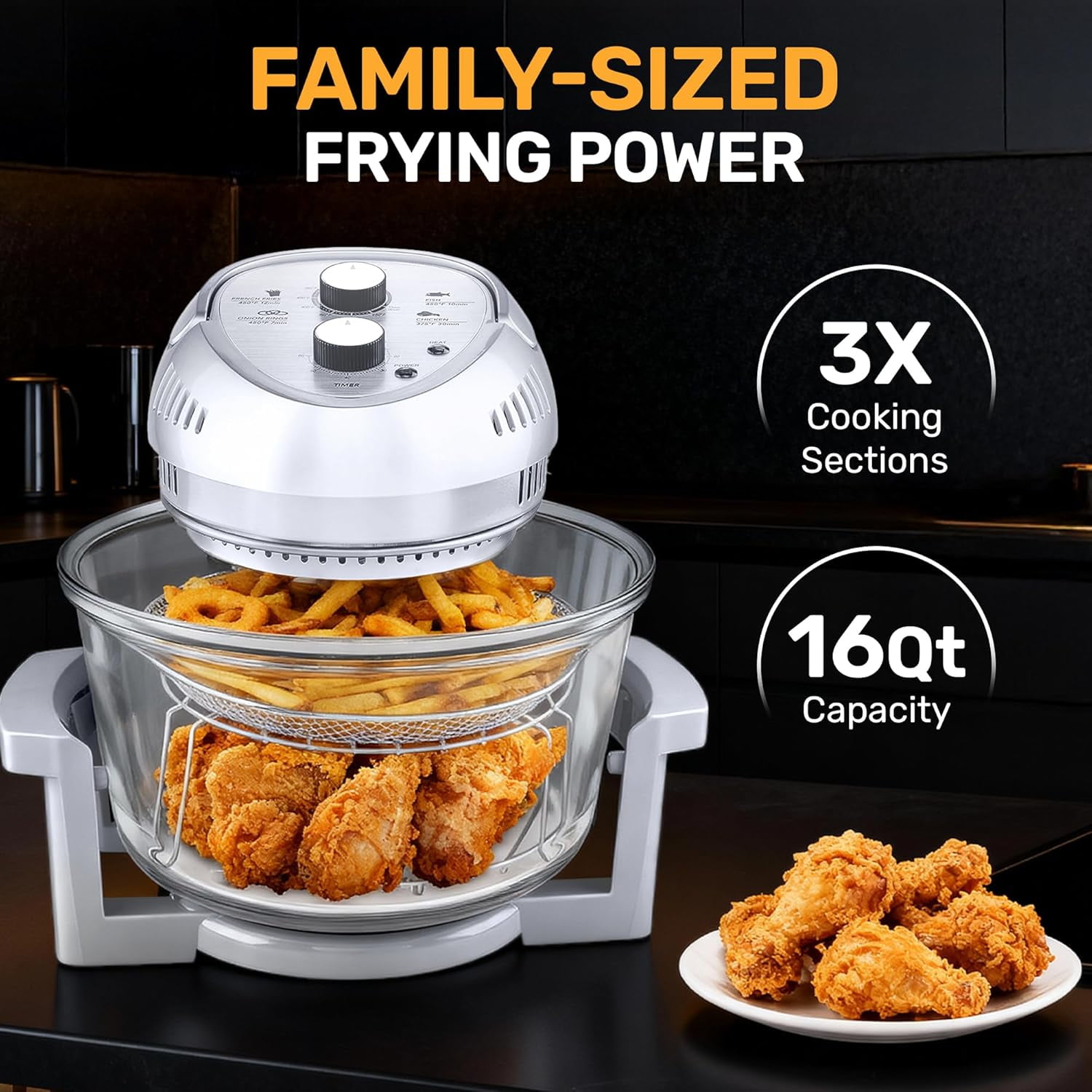 Granitestone Big Boss 16Qt Extra Large Glass Air Fryer Non Toxic – Family Sized 4 in 1 Cooker with 3 Cooking Sections, Stainless Steel Racks for French Fries, Chicken, Self Cleaning, Dishwasher Safe
