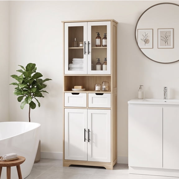 4 Cabinet Doors 2 Drawers 1 Storage Compartment Sideboard, MDF Melamine-Coated Storage Cabinet 23.62*11.81*66.93in White Matte Finish Door Panel Light Oak-Colored Cabinet