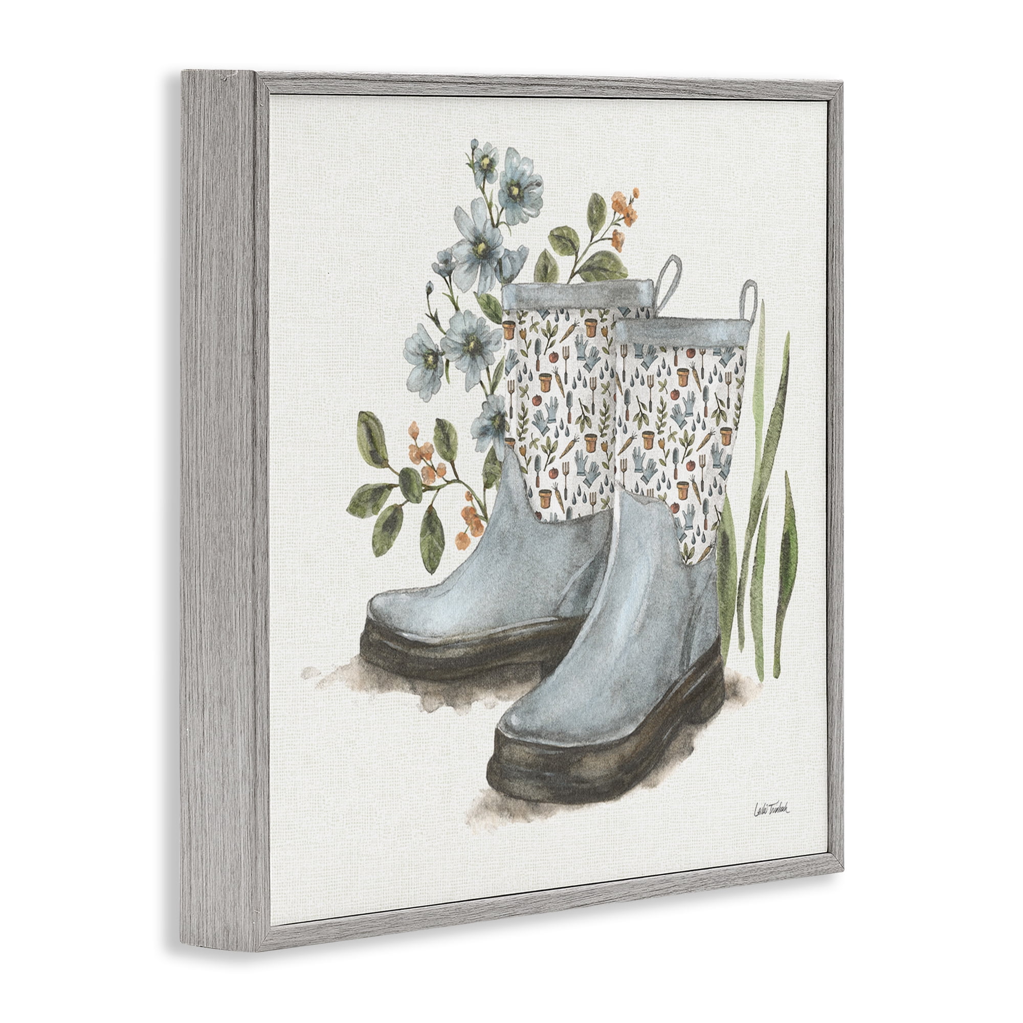 Stupell Industries Floral Gardening Boots Botanical & Floral Painting Gray Framed Art Print Wall Art, 24 x 24