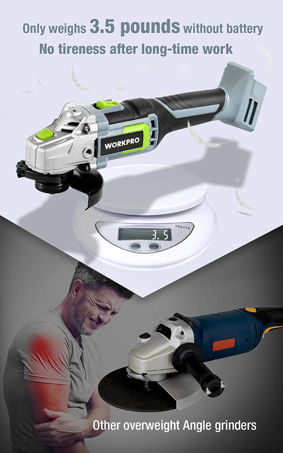 WORKPRO 20V Cordless Angle Grinder Kit, 4-1/2 inch, Lightweight Angle Grinder Power Tool with 4.0Ah Lithium-Ion Battery & Fast Charger, Ergonomic Button Position for Reducing Hand Pressure