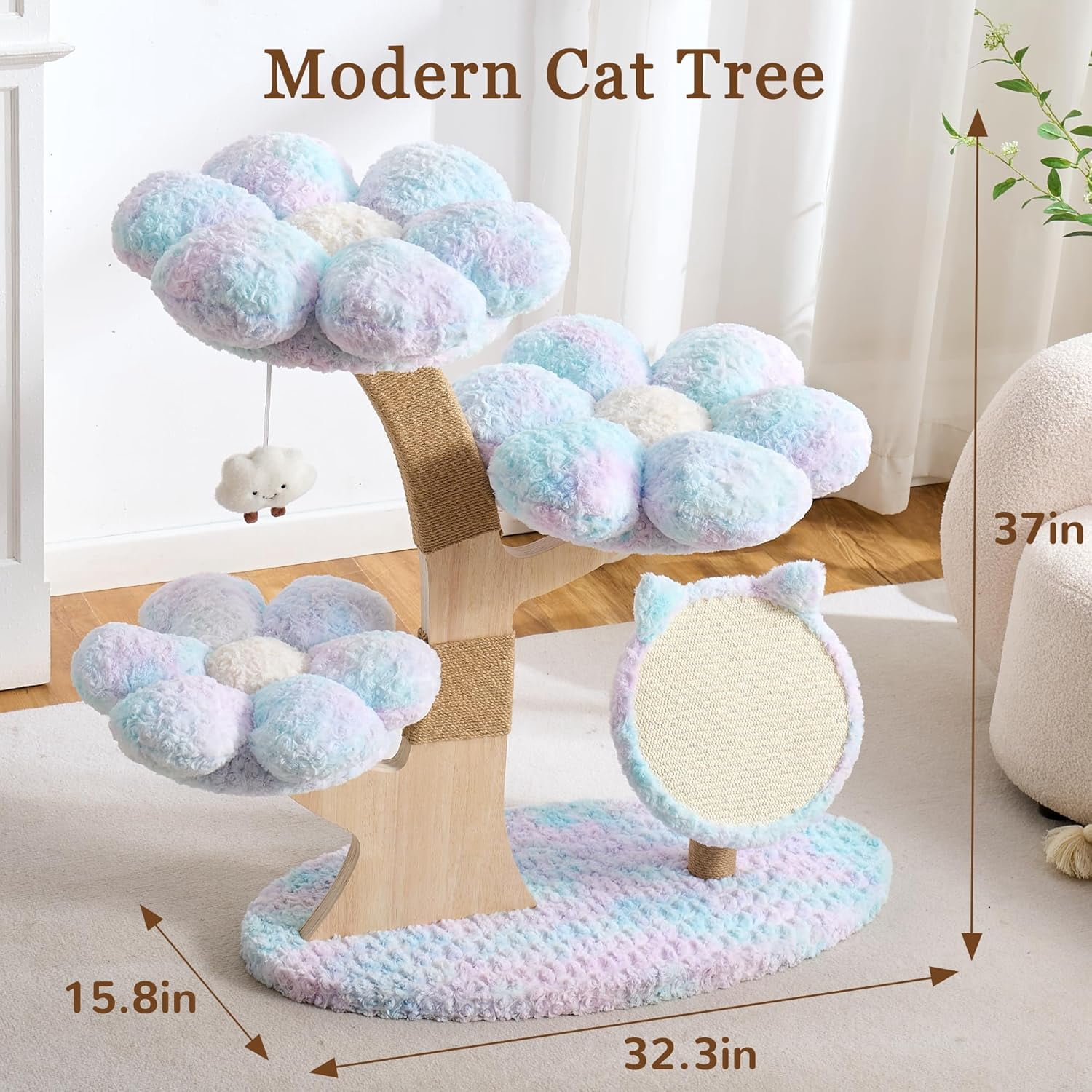 Modern Cat Tree Tower for Indoor Cats Large Adult, 37 inch Flower Cat Tree with Scratching Post, Luxury Aesthetic Cat Tree with Cloud-Soft Flower Perches and Physical Mouse-Sound Hanging Toy