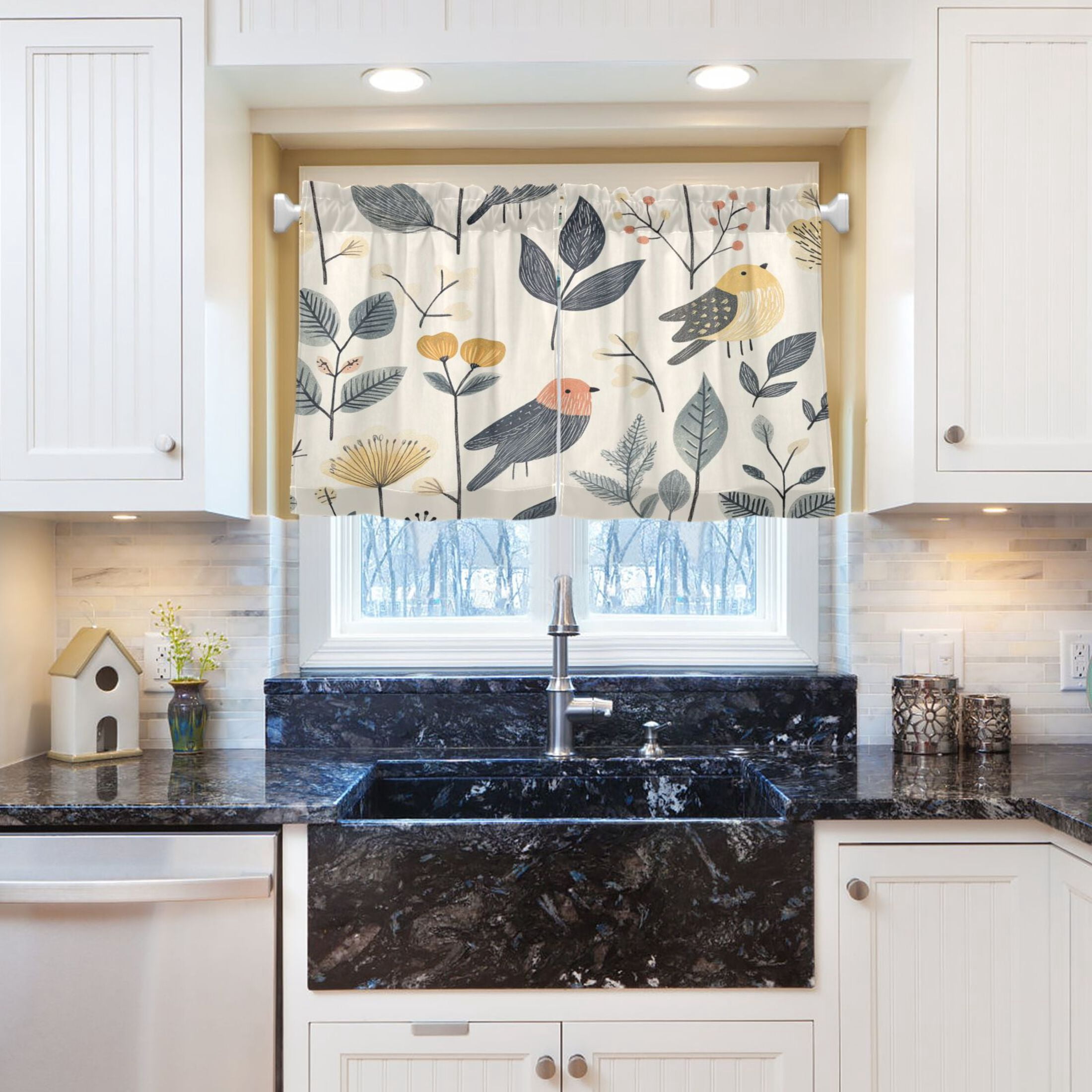 Hand Drawn Bird 27"x36" Linen Look Cafe Curtain Set with Privacy and UV Protection