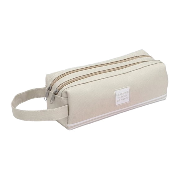 YAZHPA 1Pc Small Pencil Case with 2 Zipper Pockets, Durable Canvas Stationery Waterproof Portable Storage Bag Makeup Bag for Marker Cosmetic(Beige)