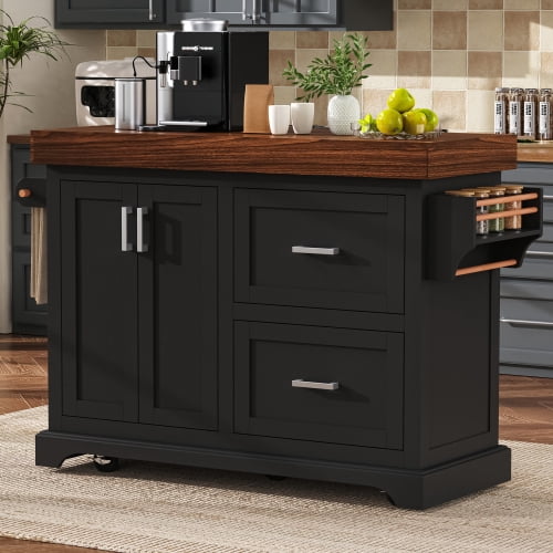 53 Inch Large Kitchen Island with 3.5 Inch Thick Desktop, Rolling Kitchen Cart with Storage, 2 Drawers, Adjustable Shelf, Spice and Towel Racks for Kitchen, Dining Room, Black
