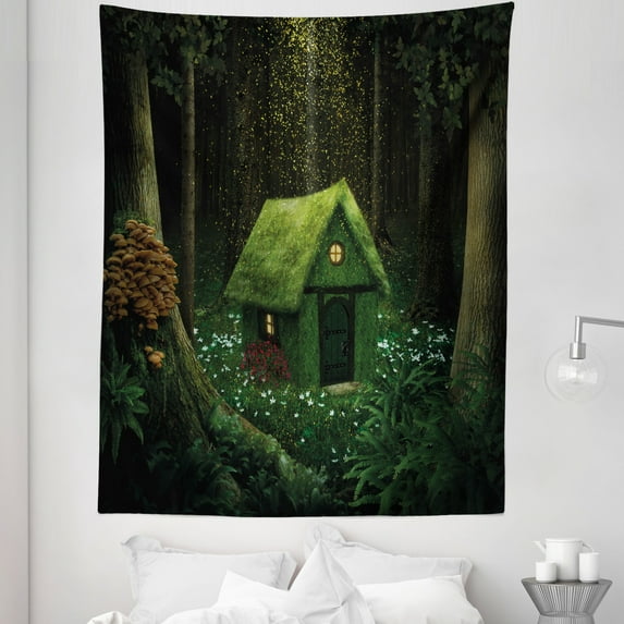 Green Tapestry, Surreal Little Forest House in Moss Enchanted Woodland Elves Design, Fabric Wall Hanging Decor for Bedroom Living Room Dorm, 5 Sizes, Hunter Green Army Green, by Ambesonne