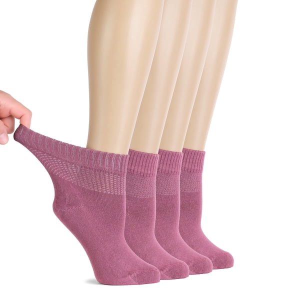 HUGH UGOLI Women Diabetic Ankle Socks, Super Soft & Thin Bamboo Socks, Wide & Loose, Non-Binding Top & Seamless Toe, 4 Pairs, Rose Wood, Shoe Size: 6-9
