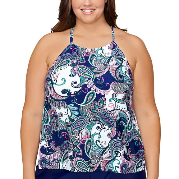 Island Escape PAISLEY PARADISE NAVY MULTI Cali High-Neck Tankini Top, US 24W