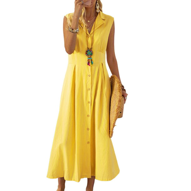 Kupretty Womens Vintage Cotton Linen A-line Dress Summer Casual Button ...