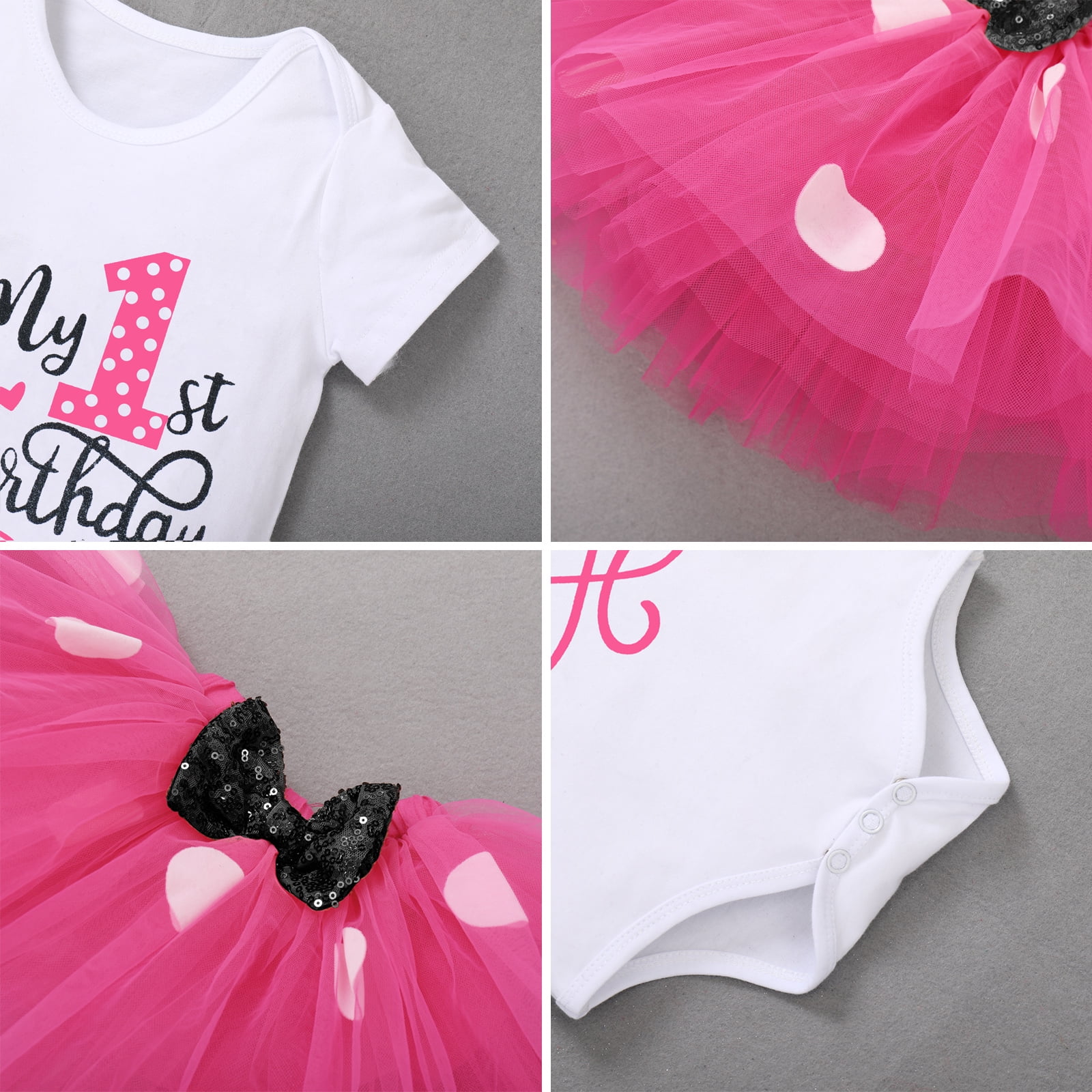 IBTOM CASTLE Toddler Baby Girls 1st 2nd Birthday Outfit Mini Polka Dots Romper Tutu Dress Mouse Ears Headband Princess Skirt Set for Photo Shoot 1 Year Hot Pink