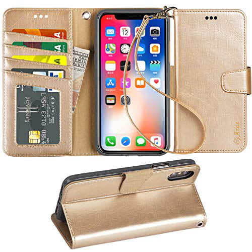 Stand Feature with Wrist Strap and Not for iPhone Xs - Light Champagne Gold Arae Wallet Case for iPhone Xs Max PU Leather flip case Cover ID&Credit Cards Pocket for iPhone Xs Max 6.5 4-Slots 