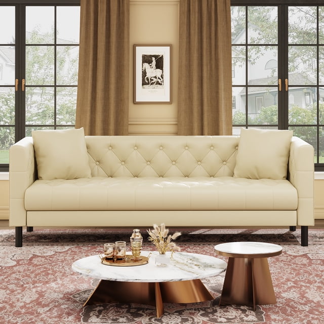 Mid-Century Chesterfield Sofa – 81" White Faux Leather 3-Seater – Deep Seating with Handmade Button Tufting – 2 Pillows Included – Comfortable Upholstered Seating – Living Room, Apartment,