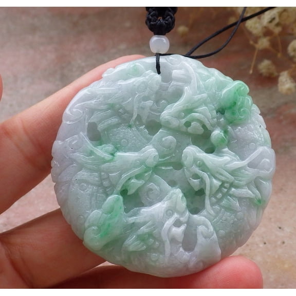 Certified Green Pale Lavender Burma Natural A Jade jadeite Pendant 9 Dragon Ruyi Necklace Bead 589093 TN