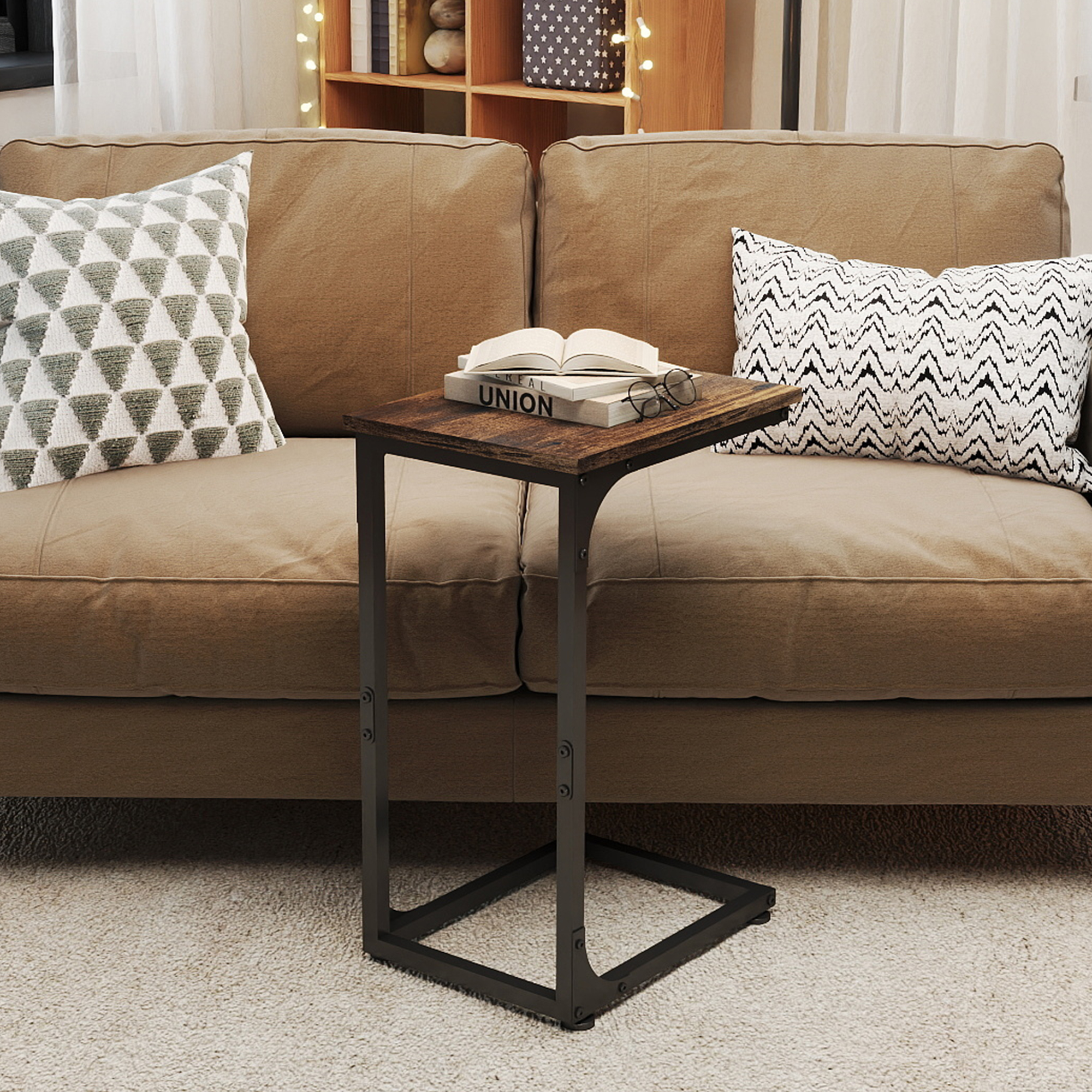 Melocadol C-Shaped End Table, C Shaped Under Couch Slider, Small Side Tables with Metal Frame, Adjustable Feet, for Living Room, Bedside, Sofa, TV Dinner, Recliner, Dark Brown