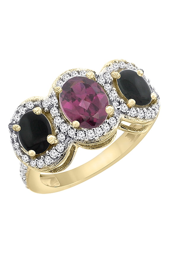 14K Yellow Gold Natural Rhodolite & Black Onyx 3-Stone Ring Oval Diamond Accent, size 9