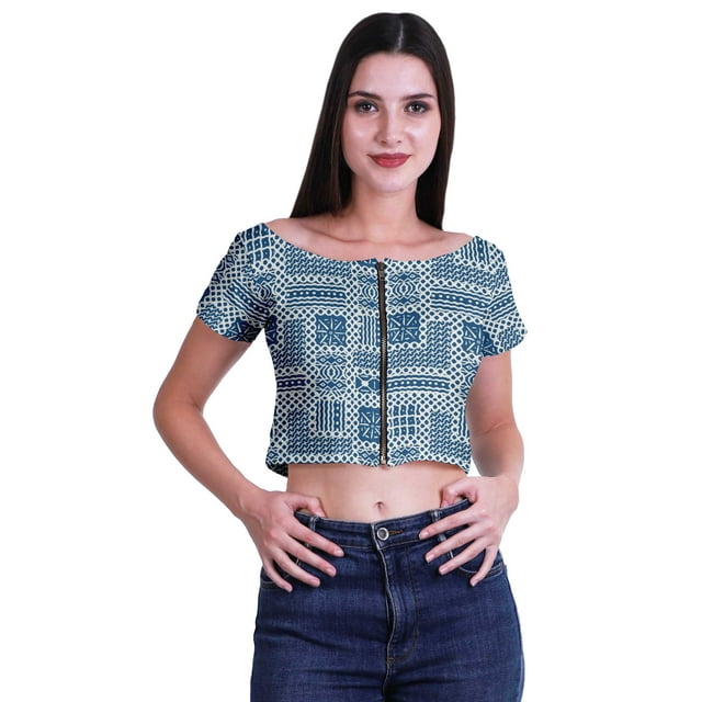 Moomaya Printed Viscose Crop Top Short Sleeve Zipper Tunic Womens Summer Tops