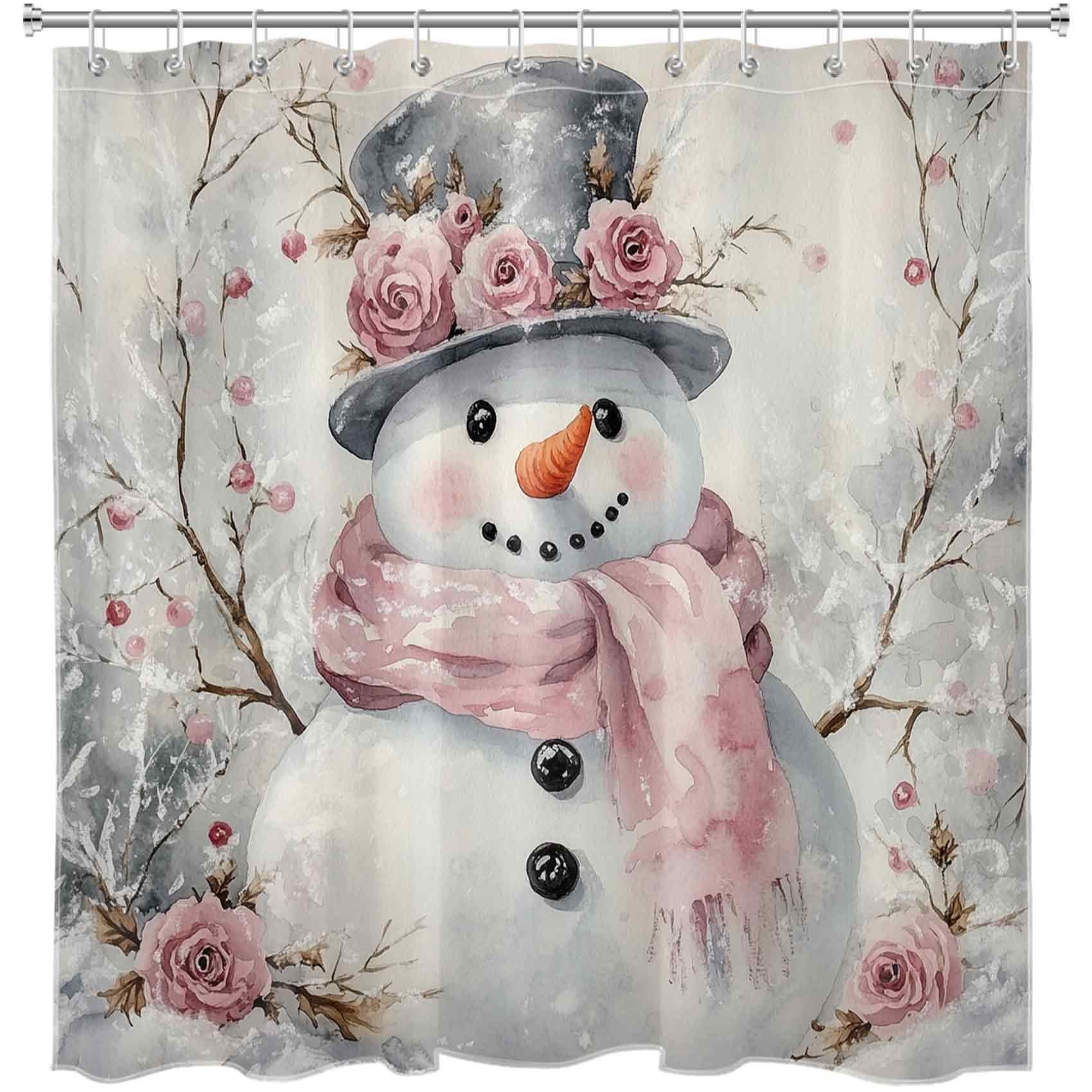 NEONWE Pink Christmas Snowman Shower Curtain Watercolor Flower Winter Forest Rustic Holiday Art Bathroom Shower Curtain Home Decor Polyester Waterproof Fabric with 12 Pack Plastic Hook 72" X 72"