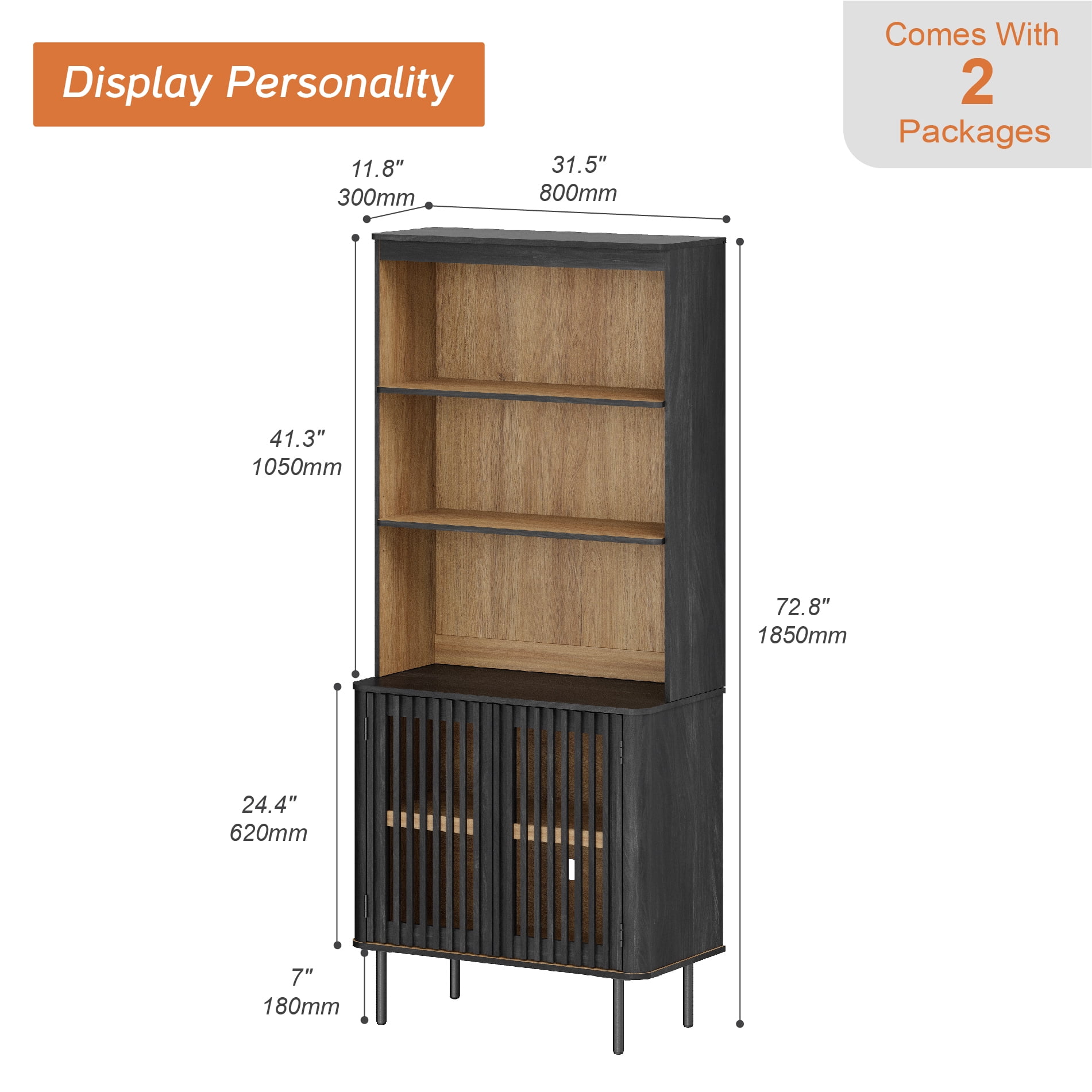 WAMPAT 72.8" Tall 5-Tier Bookshelf with Doors, Modern Bookcase with Storage, Adjustable Shelves, Wood Storage Cabinet, Black，3 PCS