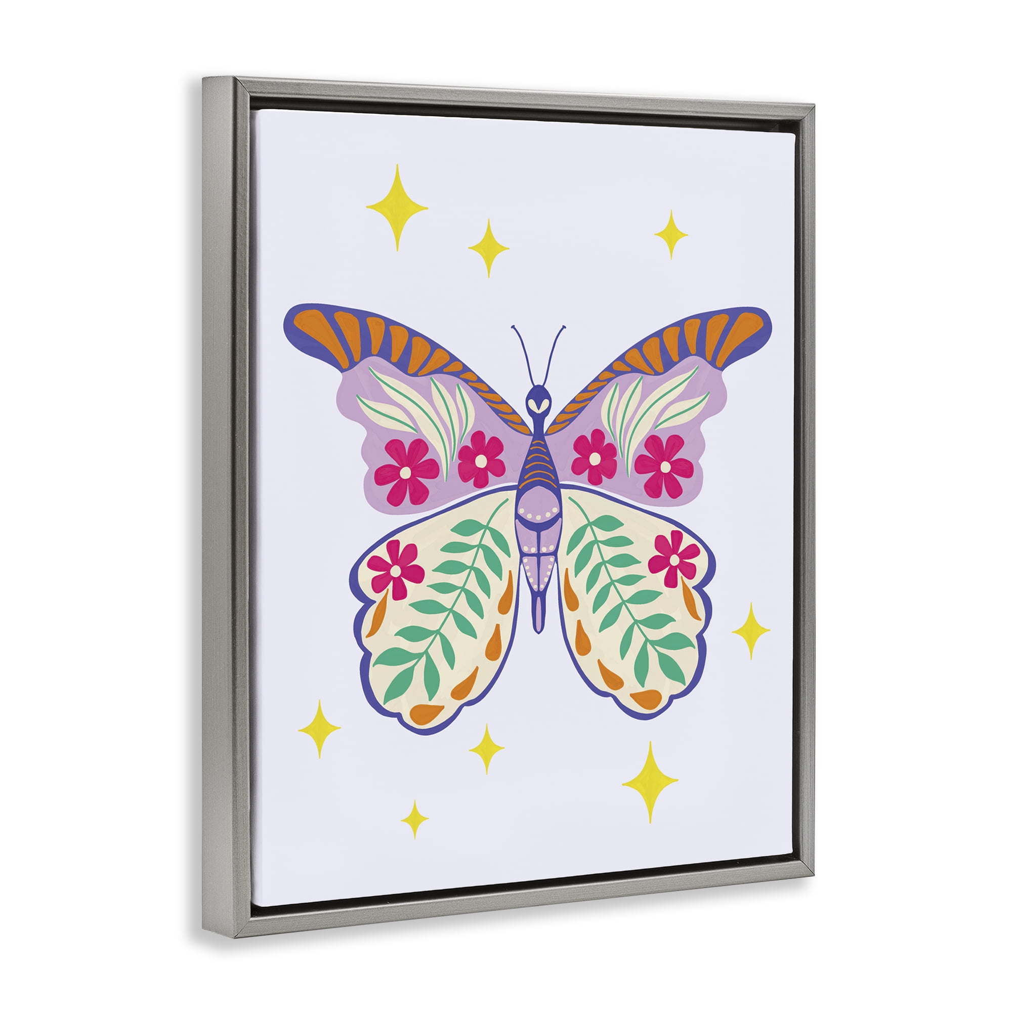 Stupell Industries Free Spirit Floral Butterfly Animals Painting Gray Floater Framed Canvas Art Print Wall Art, 25 x 31