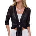 thumbnail image 2 of Women Crop Cardigan Sheer Mesh Shrug for Dress Bolero Tie Front 3/4 Sleeve Tops Black S, 2 of 6