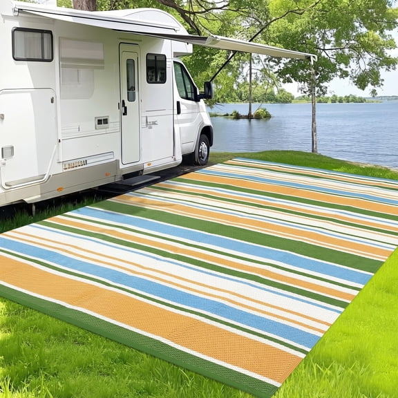 9x18 Foot Outdoor Carpet Geometric Reversible Plastic Straw Outdoor Carpet Colorful Striped Outdoor Carpet UV Resistant Portable Large Carpet, Yellow Blue Green White