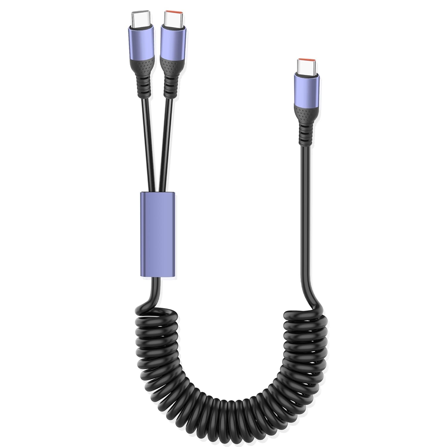 HRTGFD-Coiled Multi USB C Charging Cable Type C Splitter Spring Cable 4A Fast Charging Cord with 2 Type-C Male Port Compatible with Cell Phones Tablets,Retractable USB C Cable for Car 6FT