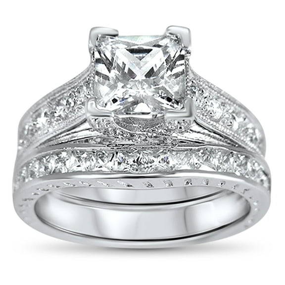 Solitaire Simulated Diamond CZ Wedding Engagement Ring Set Princess Square Silver Bridal Set Size 6