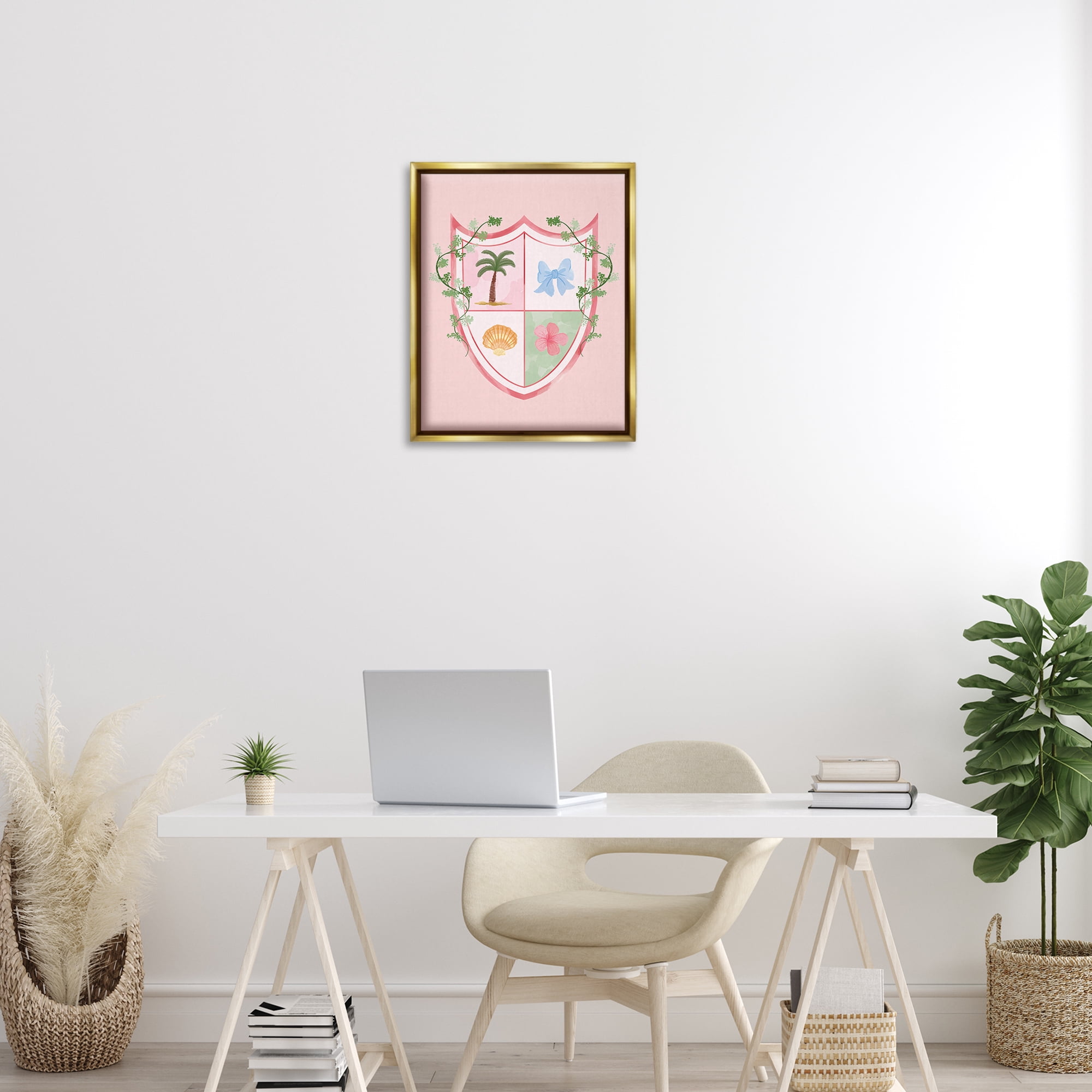 Stupell Industries Nautical Glam Emblem Plants & Flowers Painting Gold Floater Framed Canvas Art Print Wall Art, 17 x 21
